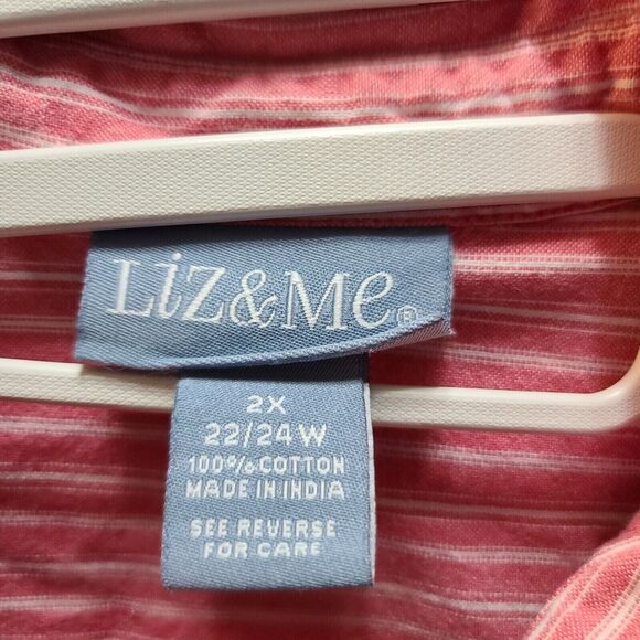 Liz & Me Womens Button Up Pink Size 22/24 100% Cotton Striped Roll-Tab Sleeve - Picture 6 of 13